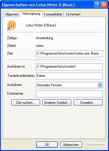 Image:Lotus Notes 8 Standard Client als Basic Client starten